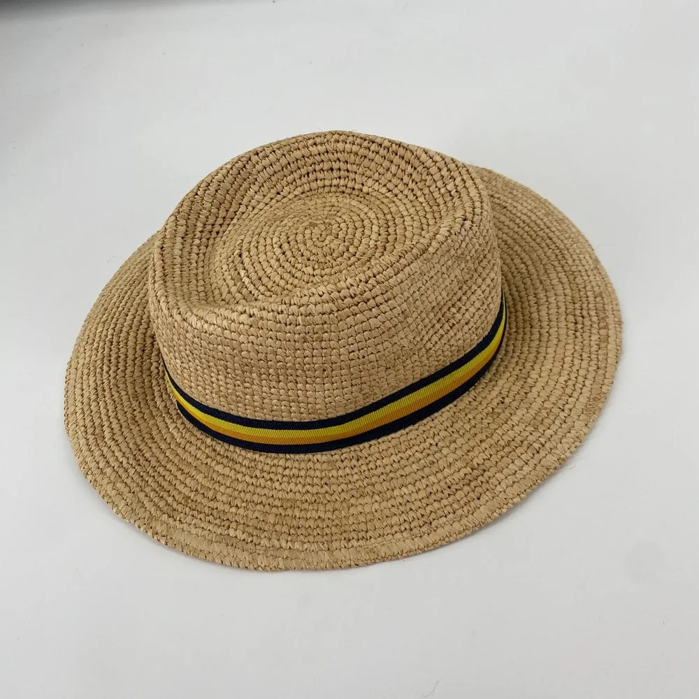 Roland-Garros Premium Raffia Trilby - Multicolor Tan Raffia Woven Striped Band